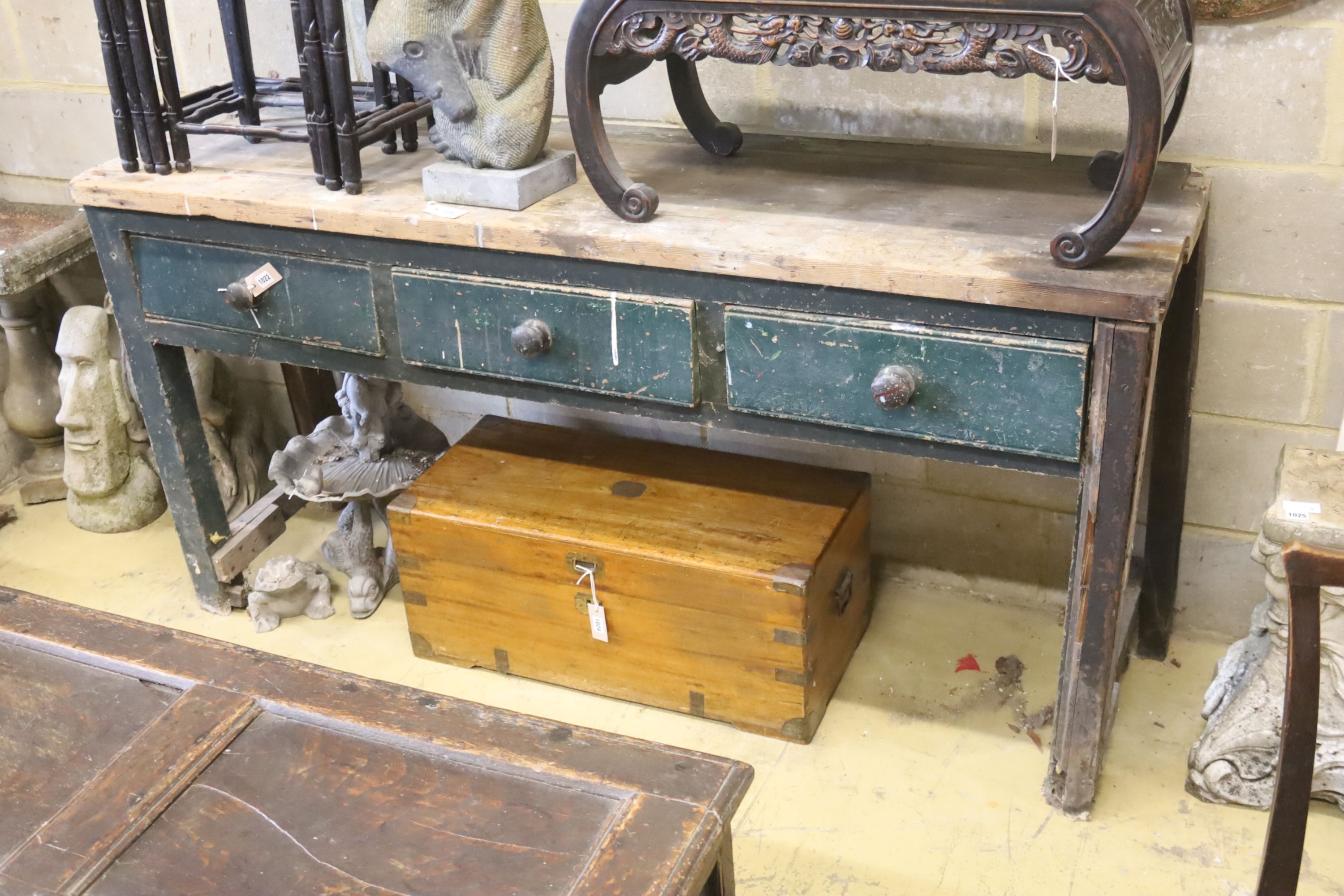 A Victorian pine three drawer serving table, length 185cm, depth 56cm, height 94cm